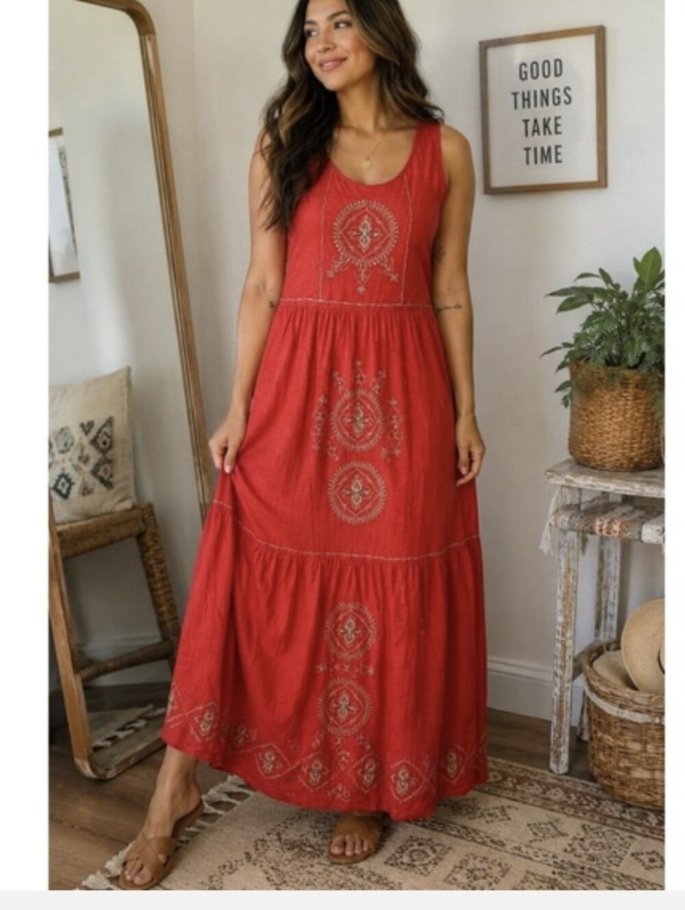 J. Jill Bohemian Coral Embroidered Tiered Maxi Dress Size Large